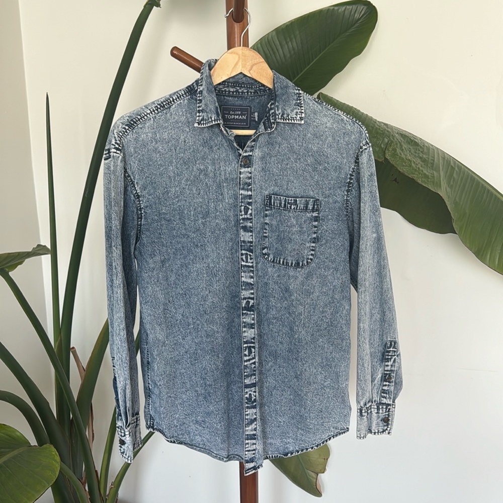 Retro Style Distressed Denim Dress Shirt